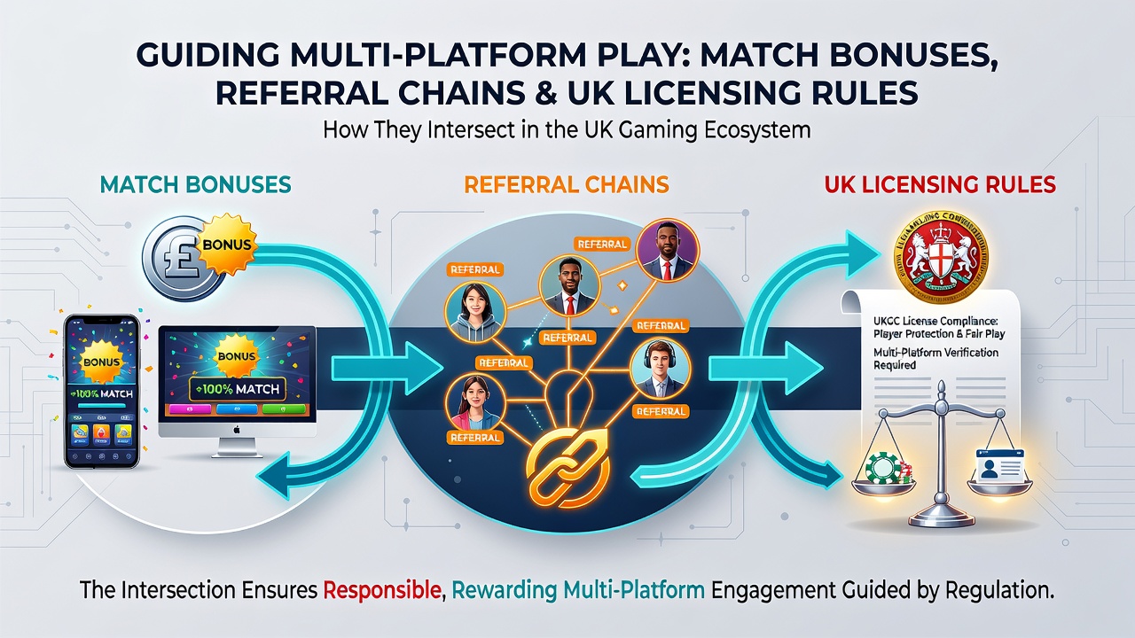 Screenshot of a multi-platform dashboard displaying active match bonuses and referral progress in a UK licensed environment